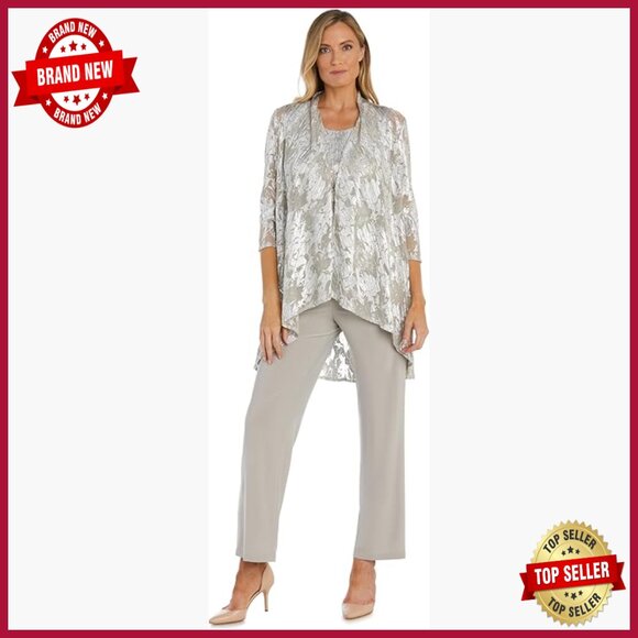 Foil Jacquard Pant Suit Set with Mesh Overlay 3-Piece Evening Ensemble